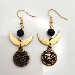 Lunar Wadget Golden Eye of Horas Crescent Moon Earrings